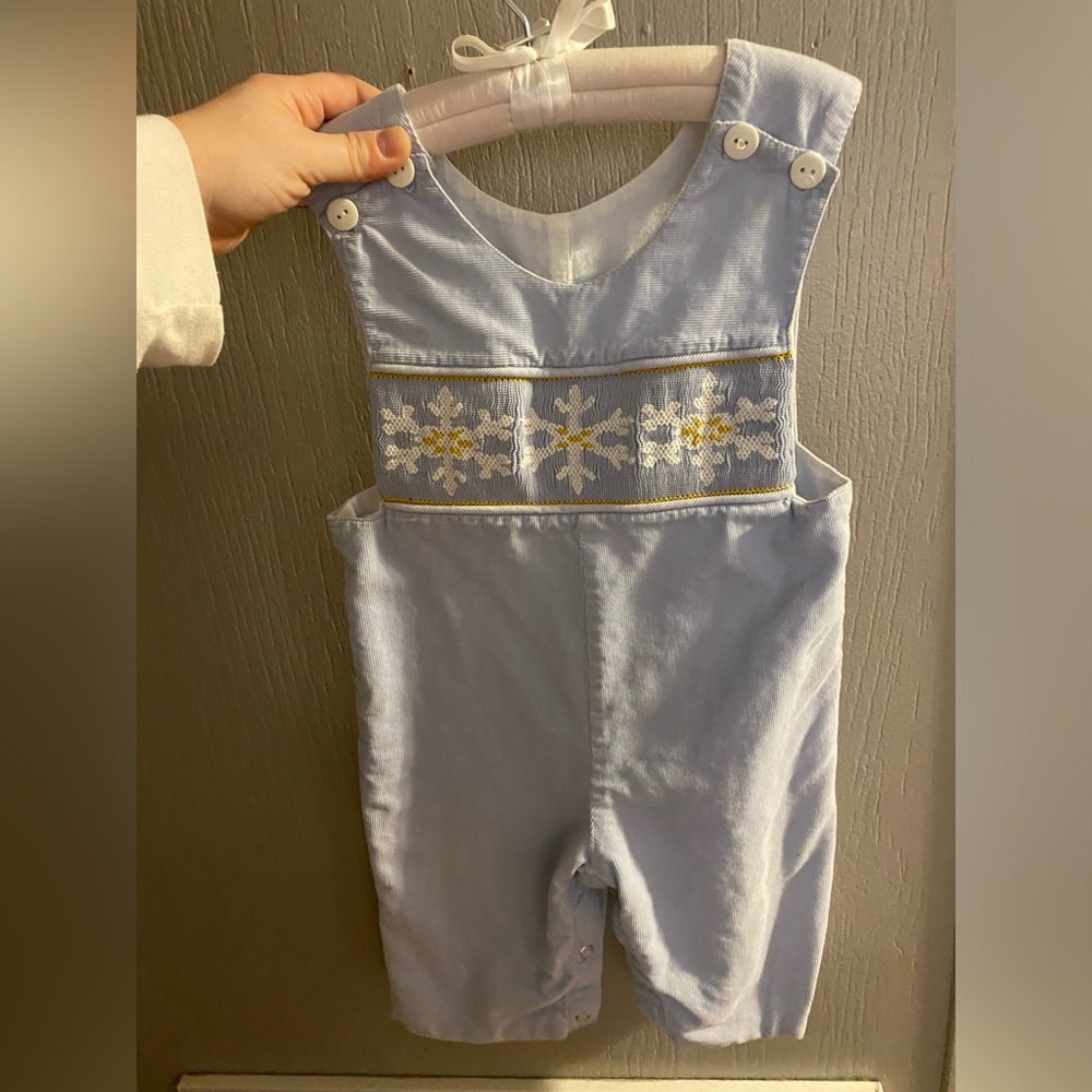 Baby boy smocked overalls blue snowflakes outfit